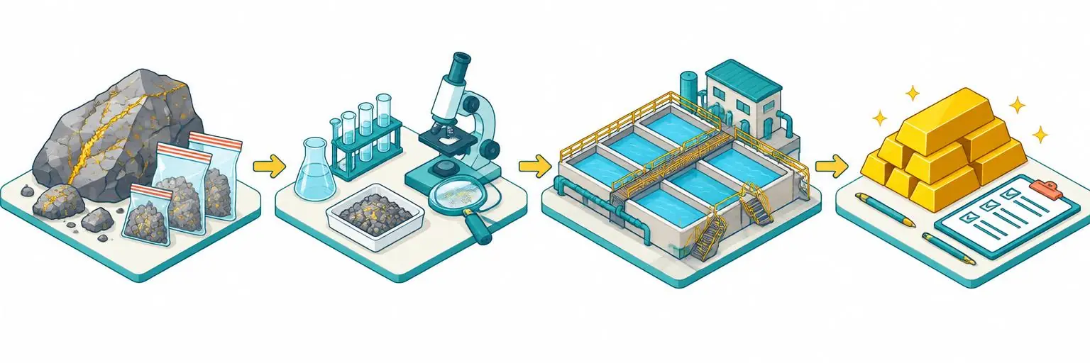 Illustrated overview: gold-bearing material, laboratory evaluation, VAT processing and gold product accounting